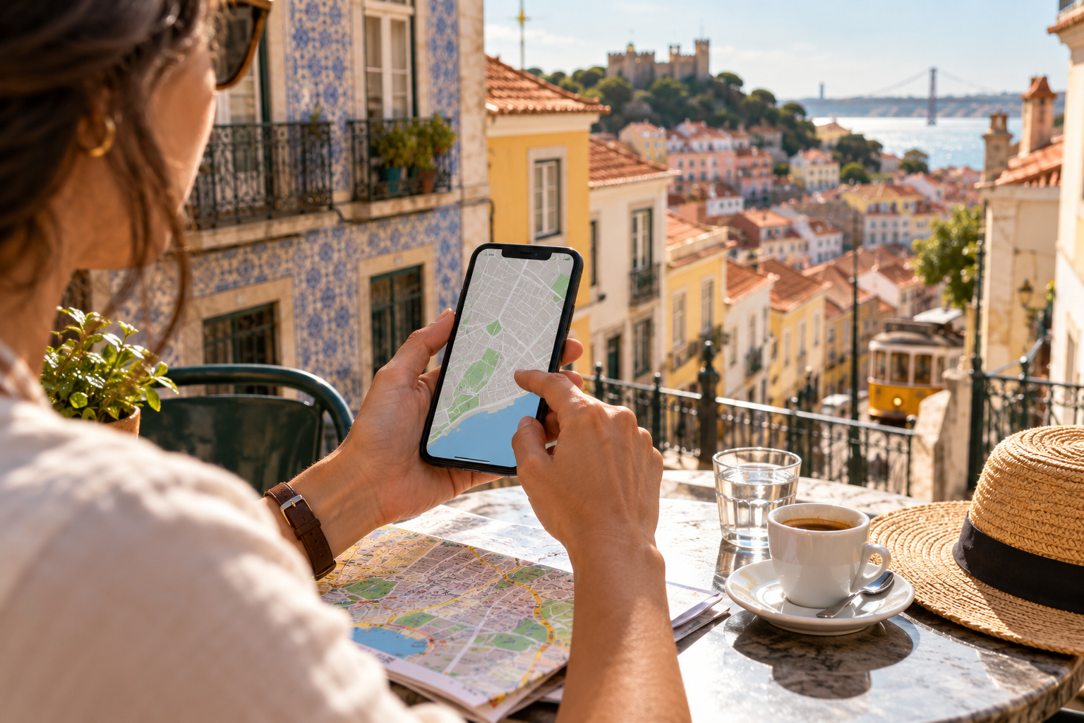 KI-generierter Reisender, der in einem Café in Lissabon eine Karte auf einem Telefon überprüft