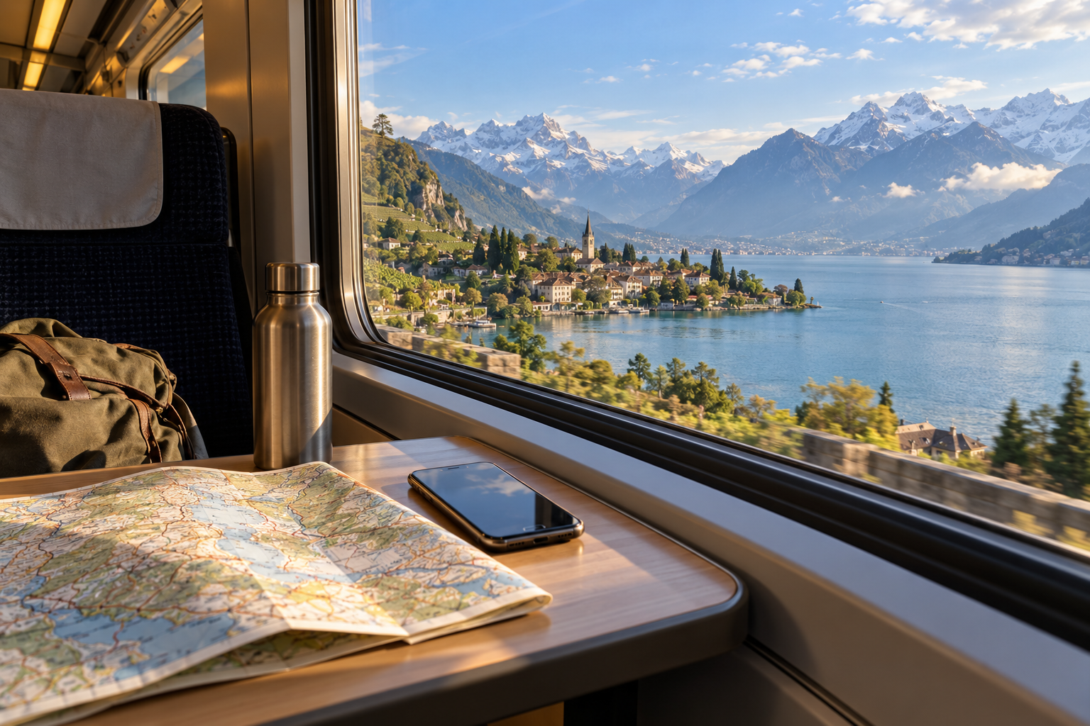 KI-generierte Ansicht aus einem Zug mit Telefon, Streckenkarte, See und Alpenbergen